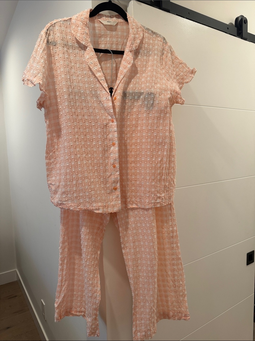Marks & Spencer Peach Textured Two-Piece Pajama Set - Picture 1 of 4